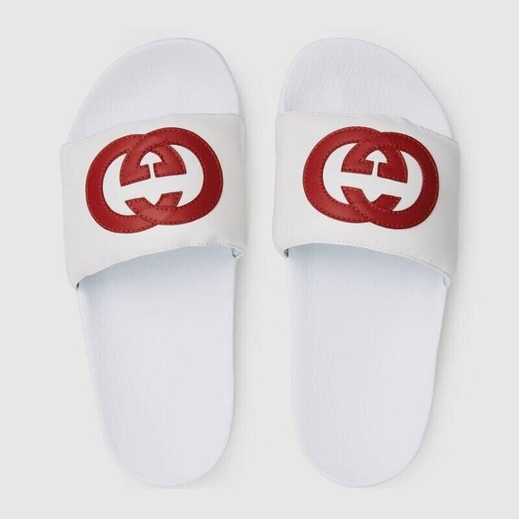 Gucci Pursuit Slides White Red Nappa Leather GG Logo Flat Flip Flop Sandal 36 - Picture 3 of 12